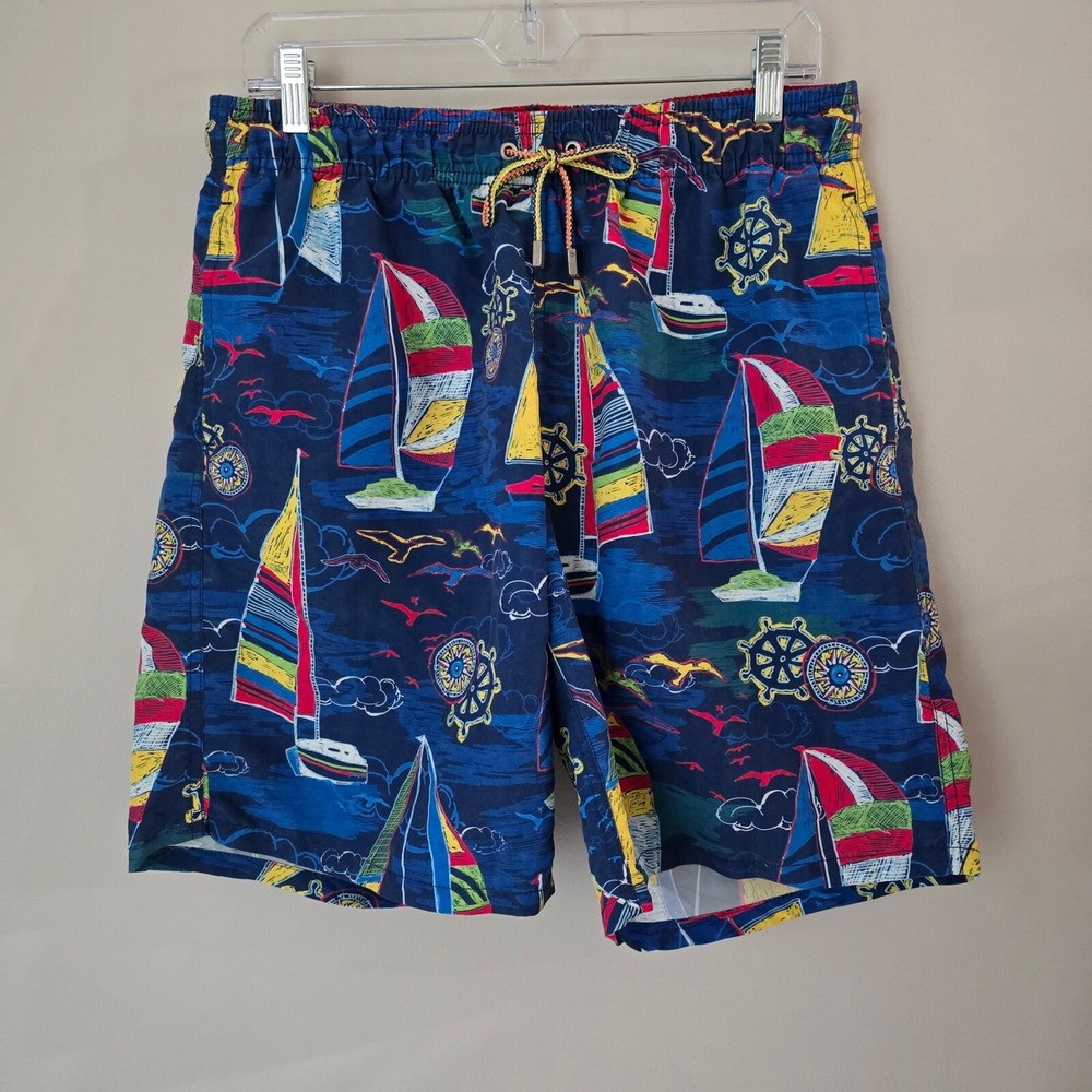 Bugatchi Sailboat Print Swim Trunks Nautical Swim Shorts Mens Size L